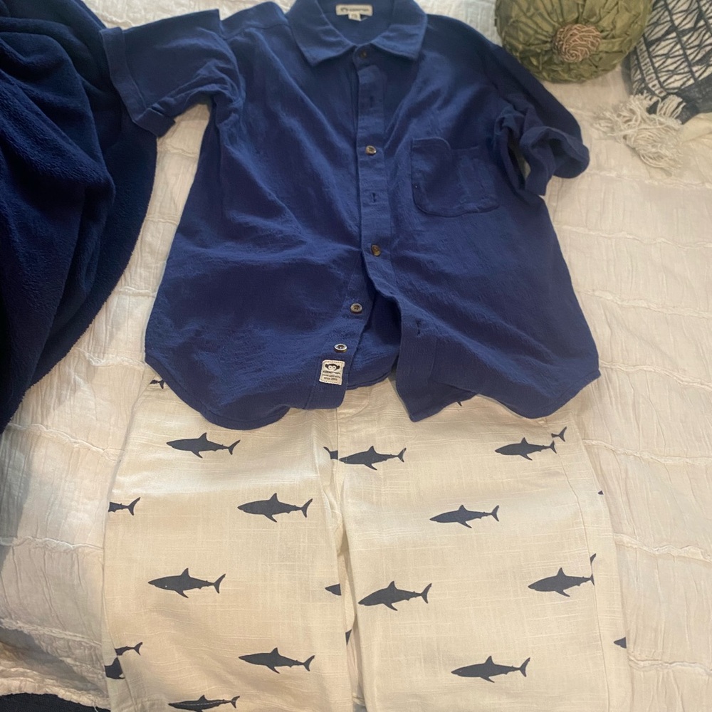 Navy Button-Up Shirt and Shark Print Pants Set